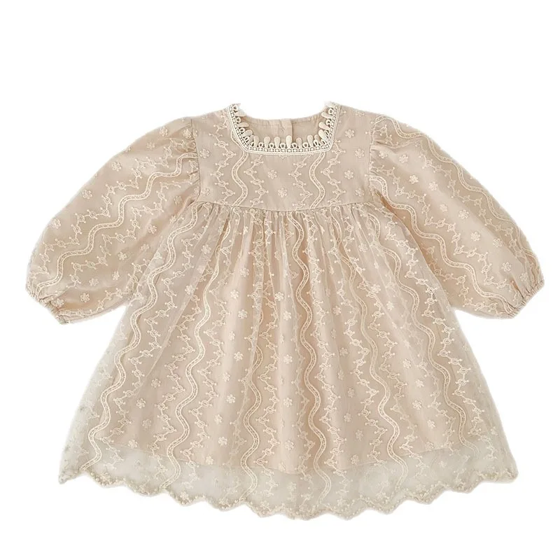 Vestidos de princesa de encaje de tul para niñas de estilo coreano: trajes para hermanos bordados de manga larga, ropa para niños esponjosa y agradable para la piel - imagen 3