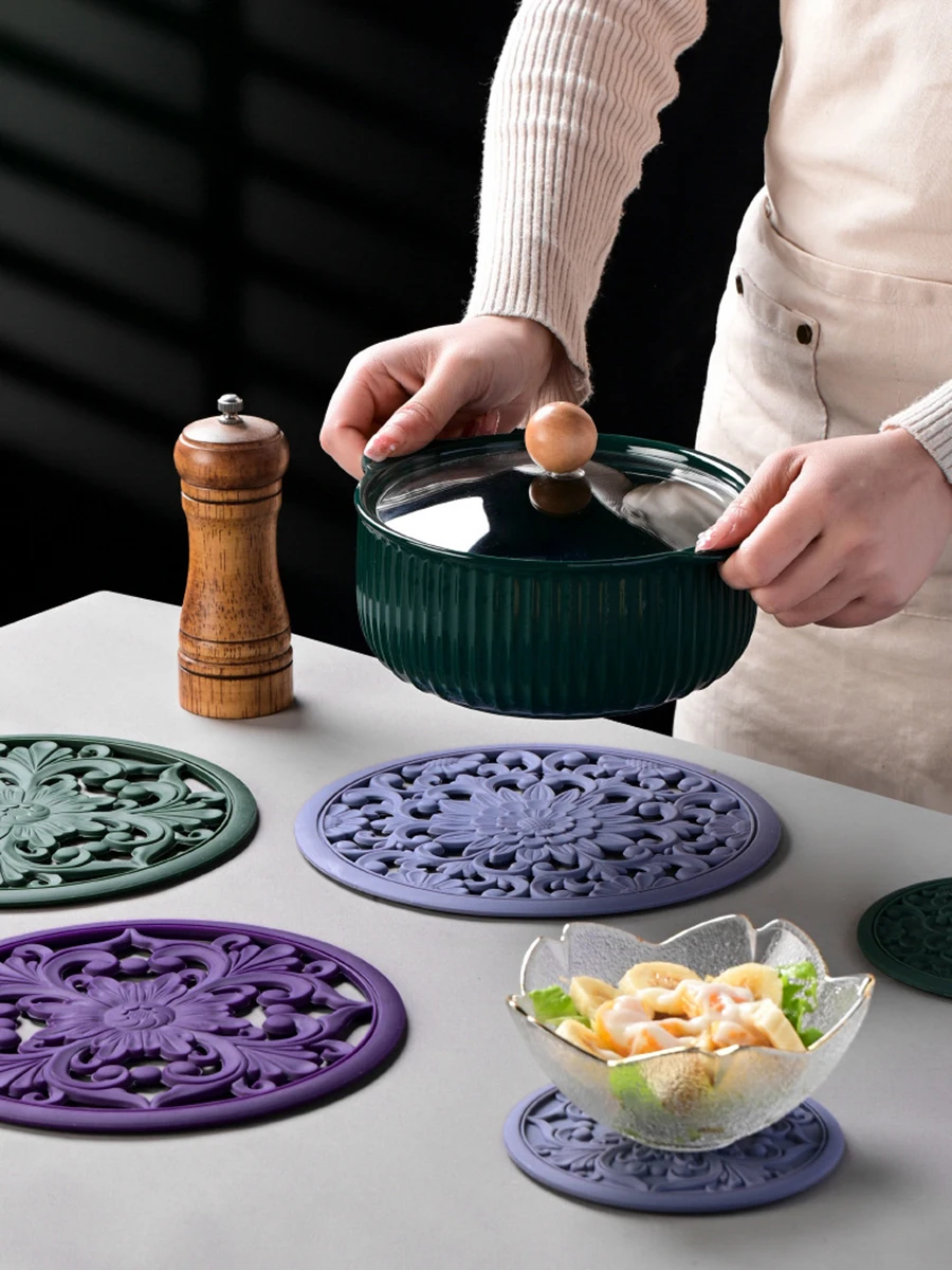 3 unids/set estera de vajilla de silicona reutilizable Vintage hueco tallado almohadilla de silicona con aislamiento térmico tazón taza mantel individual Decoración de mesa - imagen 3