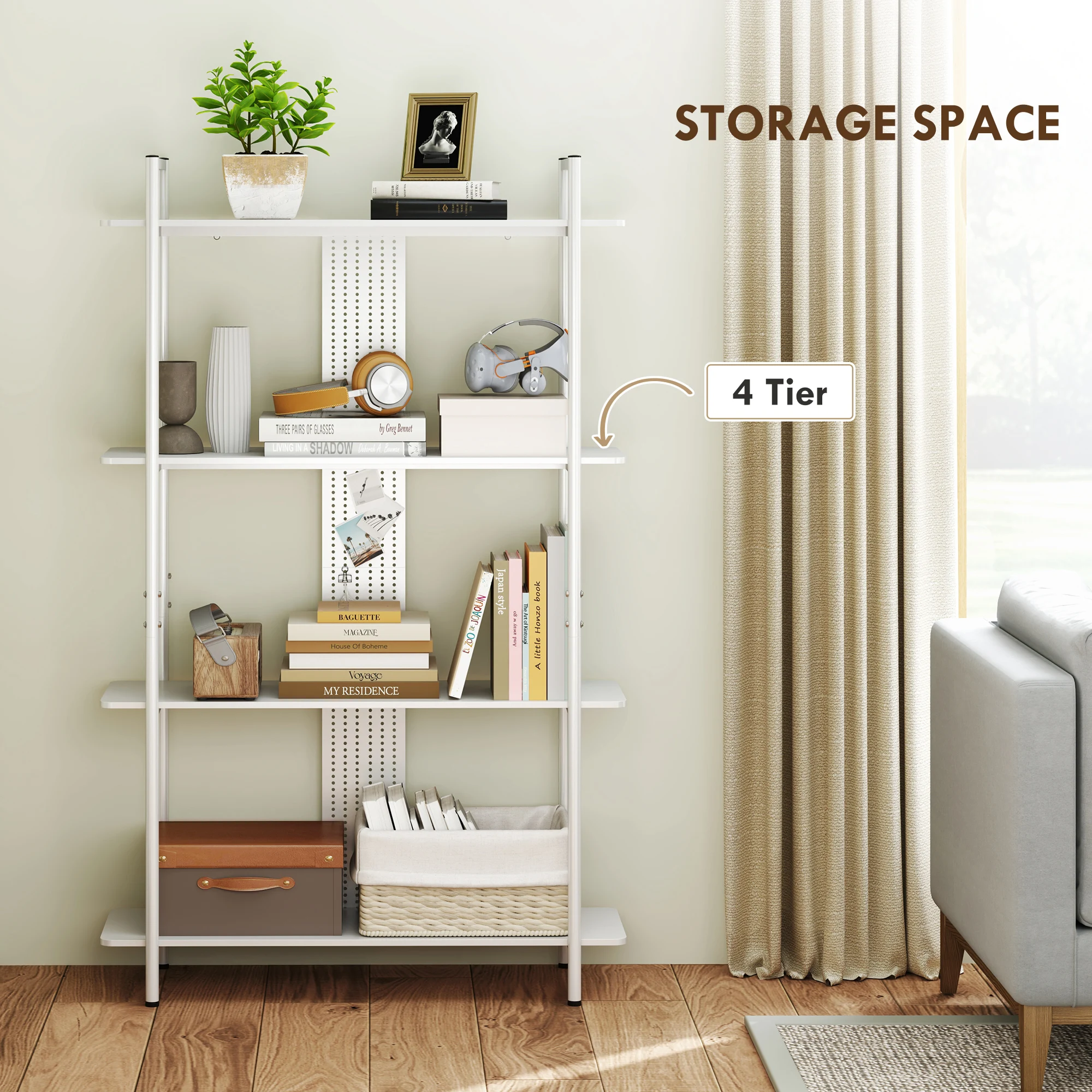 HOMCOM Estantería de 4 Niveles Estantería Librería con Panel Perforado y Marco Metálico Estantería Estrecha para Sala de Estar Estudio Dormitorio Oficina Blanco - imagen 5