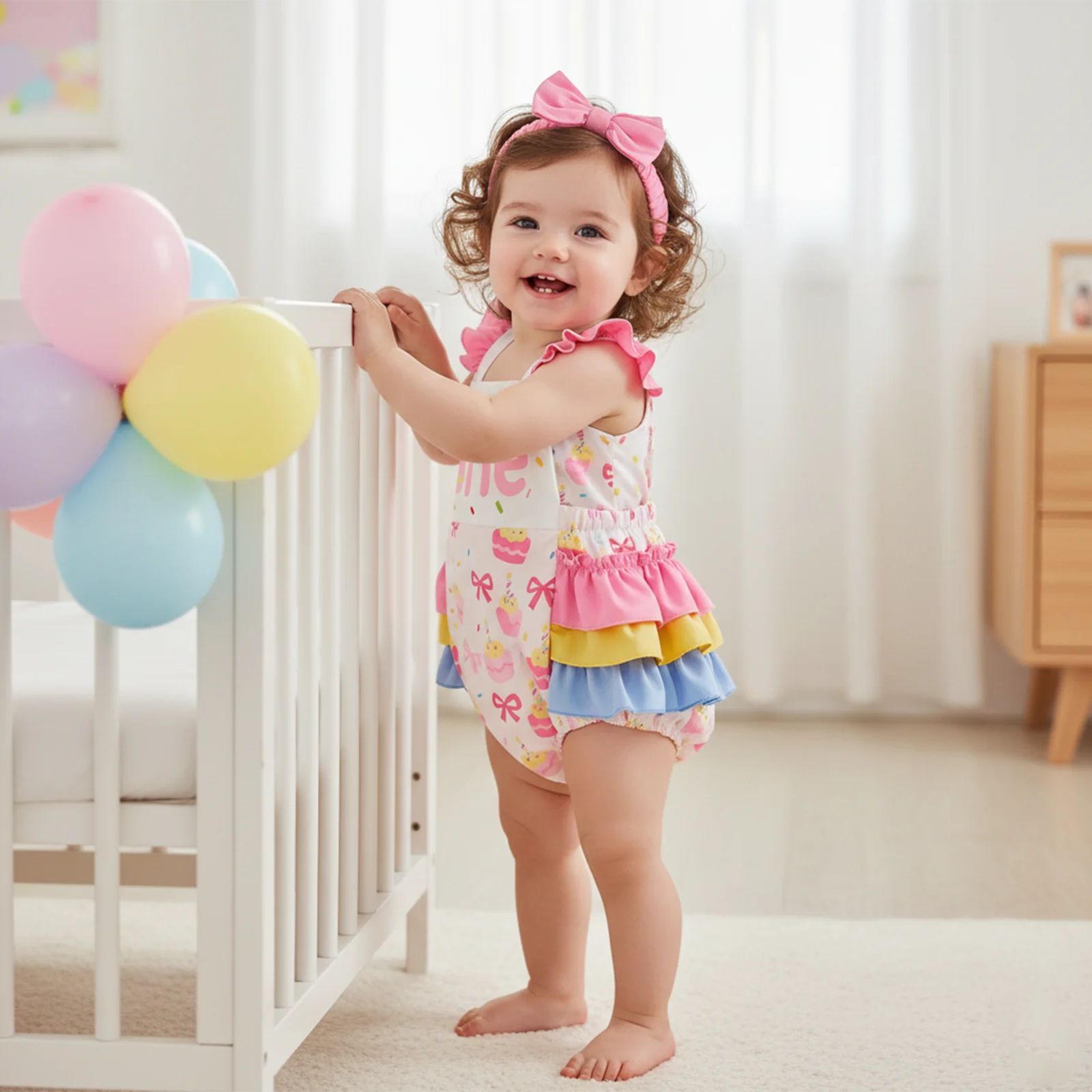 Suefunskry Mameluco de cumpleaños para bebé niña con manga voladora y cuello cuadrado con estampado de magdalenas y diadema con lazo - imagen 2