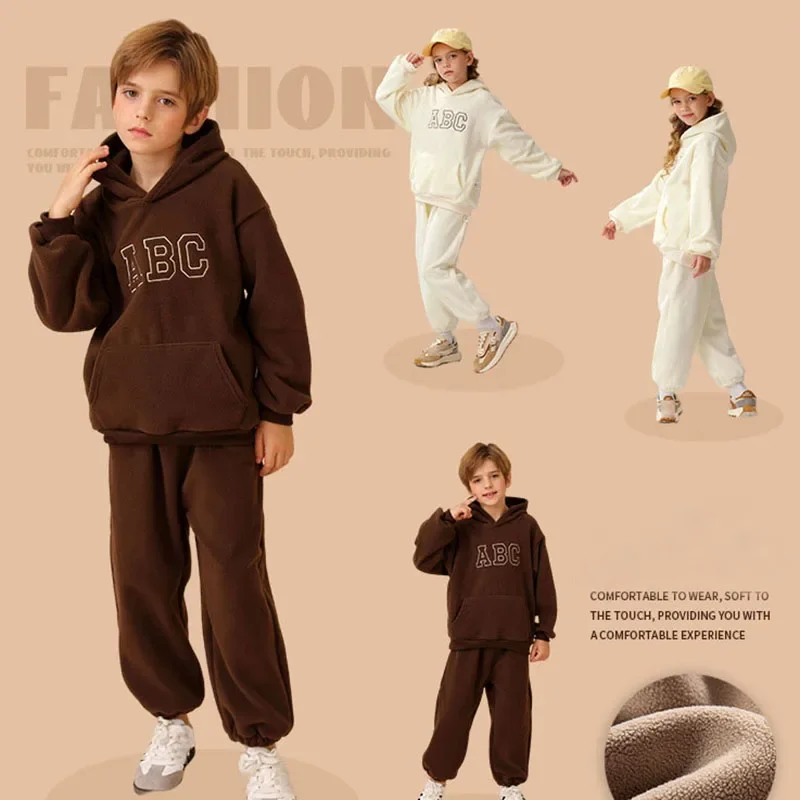 Para 1-8Y moda de invierno niños niñas deporte Teddy polar chándal infantil algodón acolchado conjunto de ropa con capucha