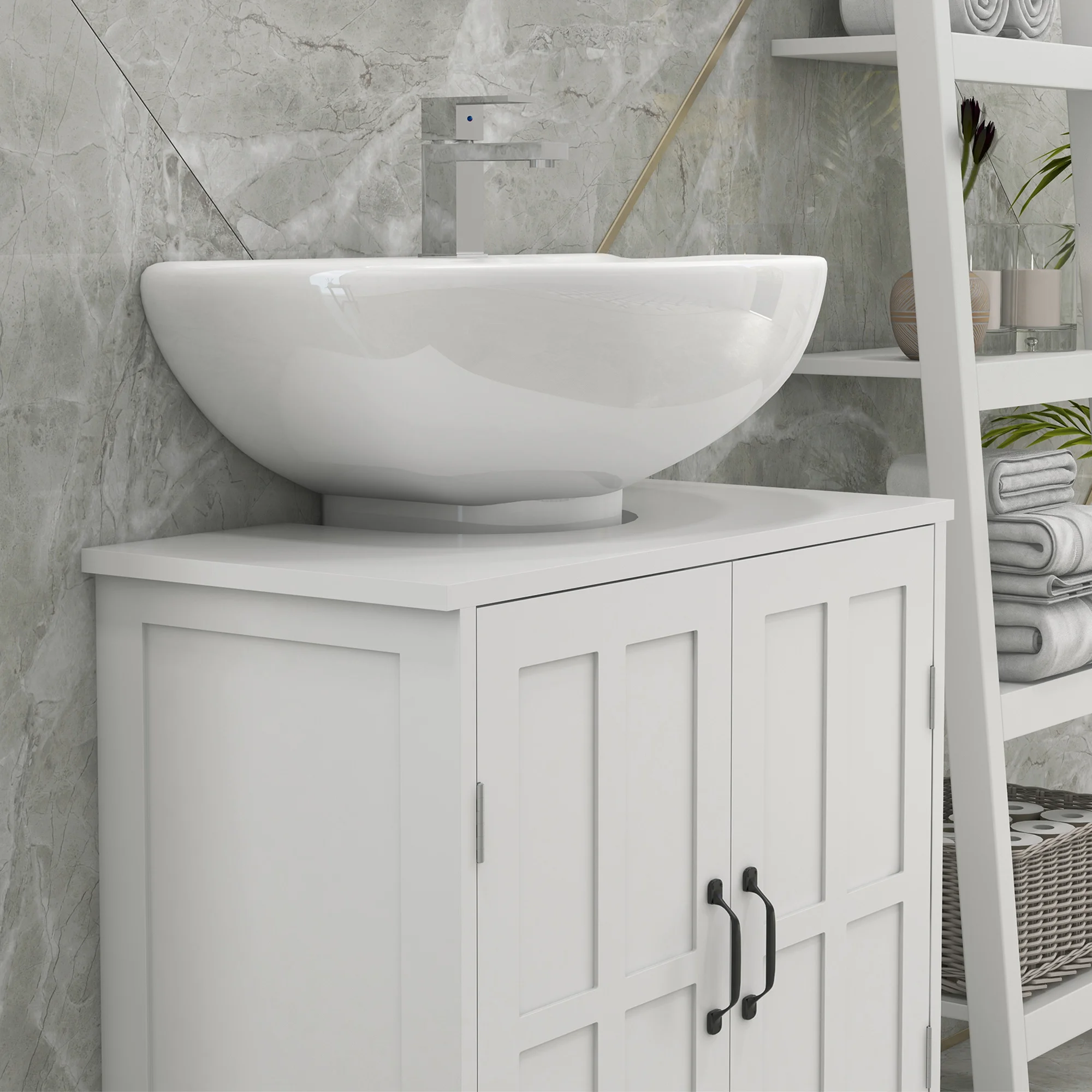 kleankin Mueble para Debajo del Lavabo Mueble de Baño Bajo Lavabo Armario Bajo del Lavabo con Estante Ajustable y Puerta Doble Carga 20 kg 60x30x60 cm Blanco - imagen 5