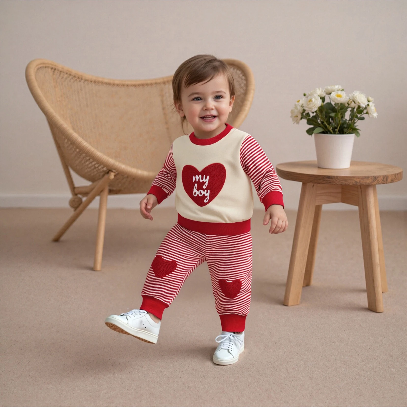 Conjunto de sudadera y pantalones con bordado de corazón de manga larga para el día de San Valentín para bebé - imagen 4