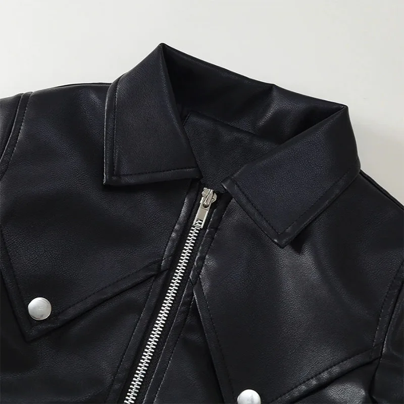 Conjuntos de trajes de otoño para niñas, moda coreana, Tops de manga larga de PU negros para bebés + falda, ropa de Boutique para niños, ropa para niños B300, 2 uds. - imagen 4