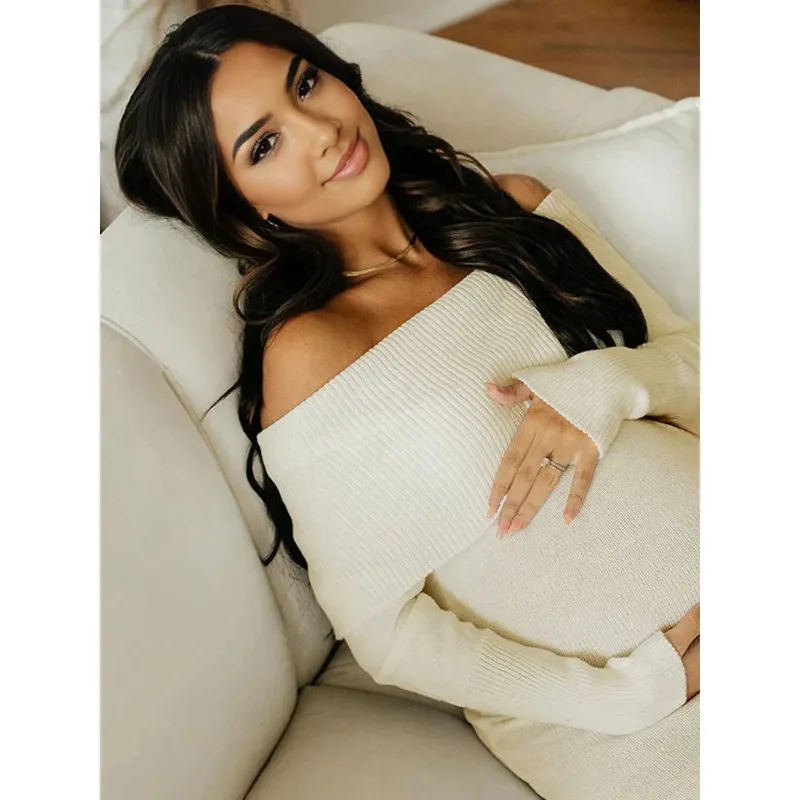 Vestido punto premamá para fotos – Hombros descubiertos, blanco - imagen 2