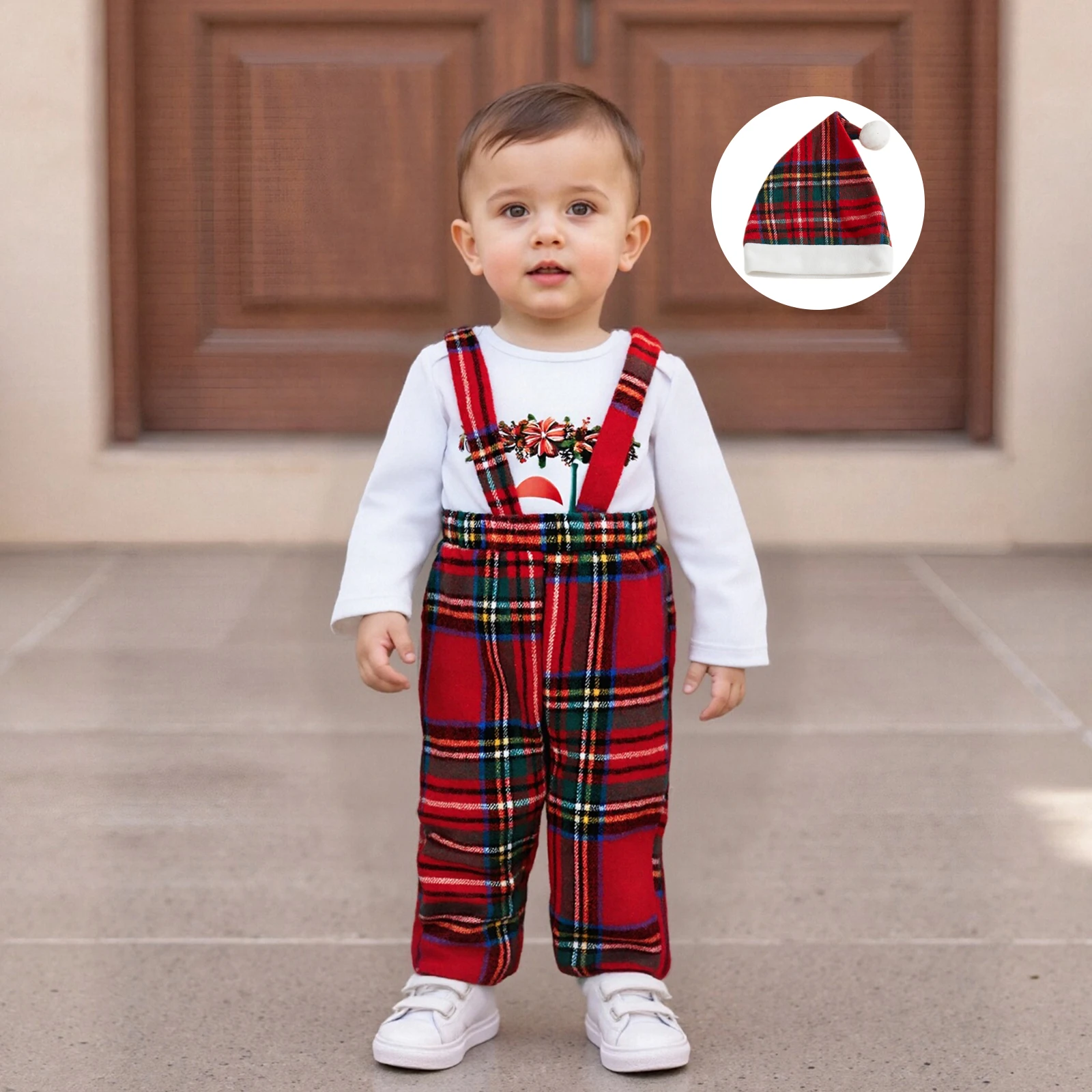 ViSgogo Conjunto de 3 piezas de traje navideño para bebé, niño y niña, mameluco de manga larga de Papá Noel, pantalones con tirantes a cuadros y sombrero - imagen 5