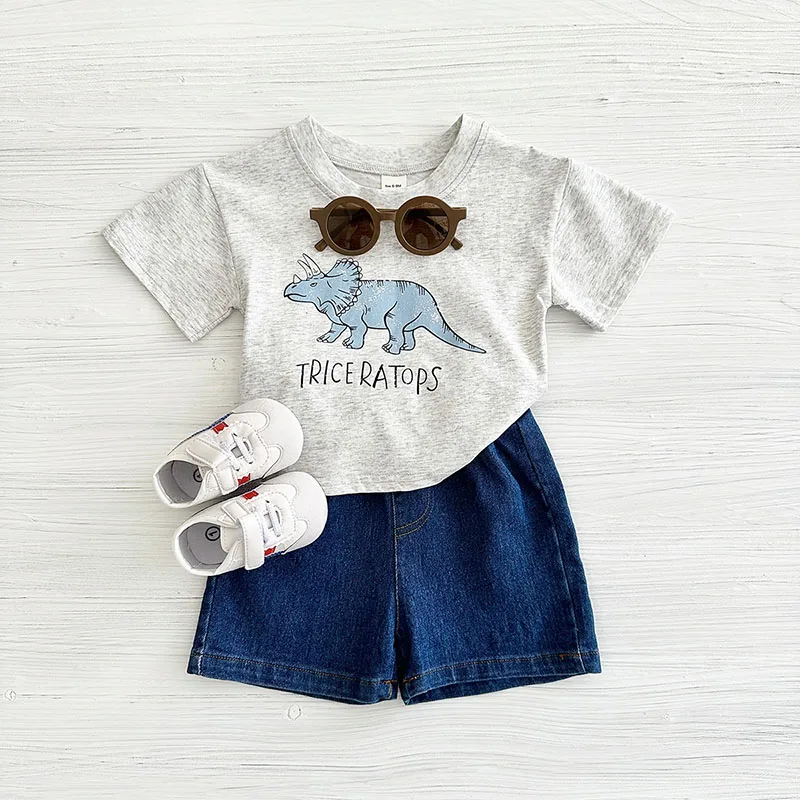 Milangel-Conjunto de ropa de verano para bebé, camiseta de dinosaurio de dibujos animados + pantalones cortos de mezclilla, atuendo suelto para niño pequeño, 2 piezas - imagen 3