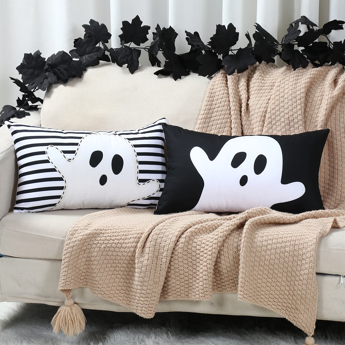 Boo-funda de almohada decorativa de fondo negro para Halloween, funda de almohada con cintura de fantasma espeluznante, funda de cojín para sofá, decoración divertida para fiesta de Halloween, 1 ud. - imagen 2