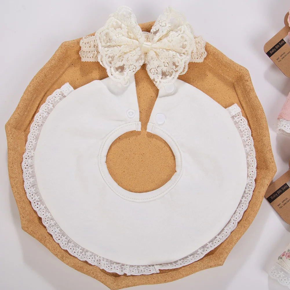 2 unids/set princesa niñas diademas con lazo de encaje estampado de flores Baberos para bebé recién nacido Corea Vintage botón Saliva toalla alimentación paños para eructar - imagen 4