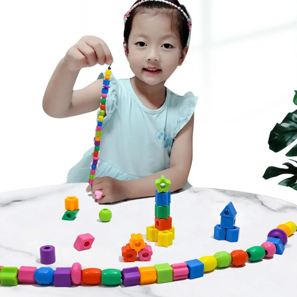 48/100/160 Uds Multicolor Montessori cuentas de roscado juguete bloques de construcción forma geométrica DIY juego de cuentas pulsera juguete de plástico - imagen 2