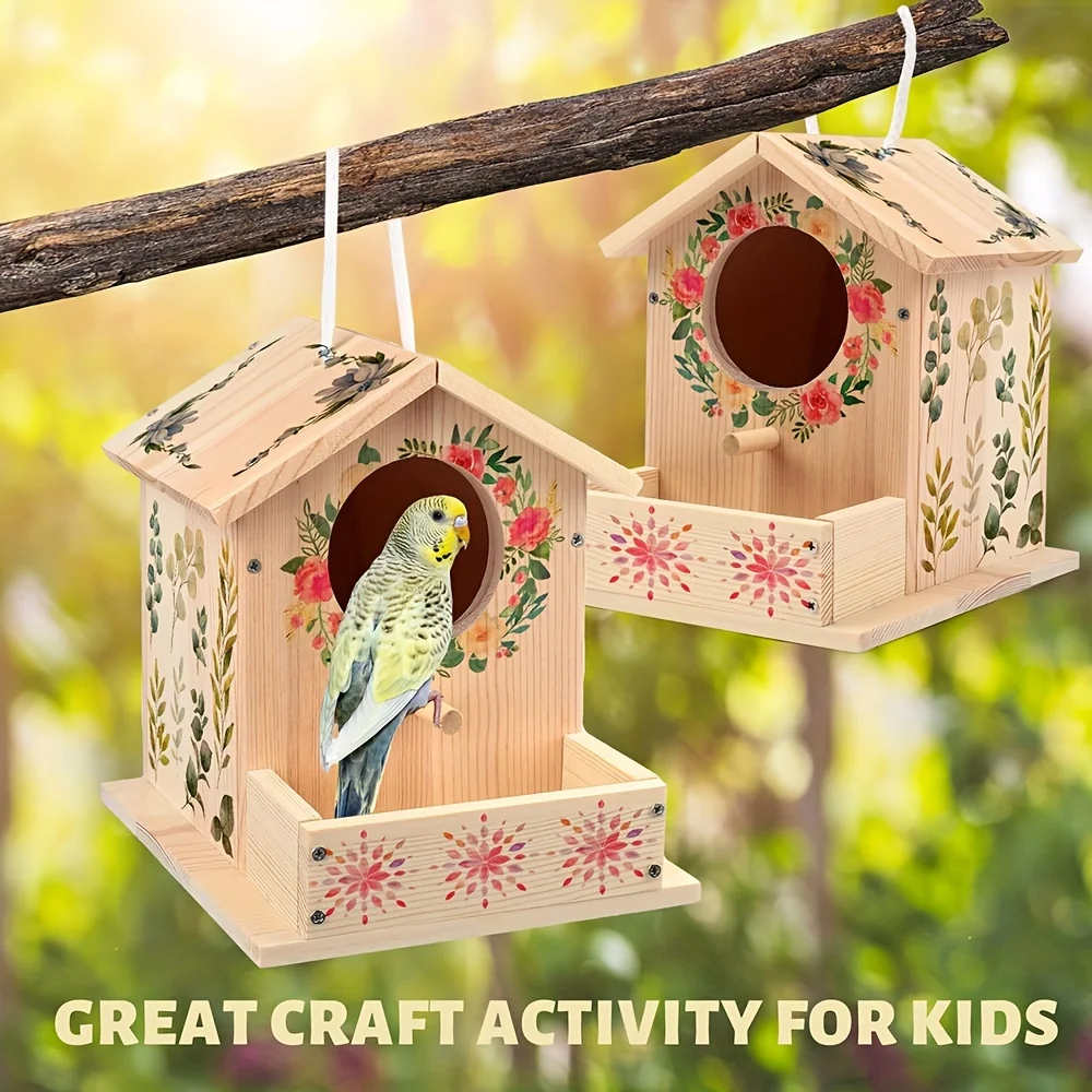 Kits de casitas de pájaros de madera DIY, juego creativo de artes y manualidades para niños y adultos, casas de pájaros de madera sin terminar con pinceles de tiras de pintura - imagen 5