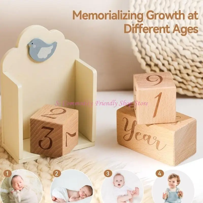 85AE bloques tarjetas madera para bebés, hitos mensuales, grabado cuadrado, tablero hitos cumpleaños para recién - imagen 3