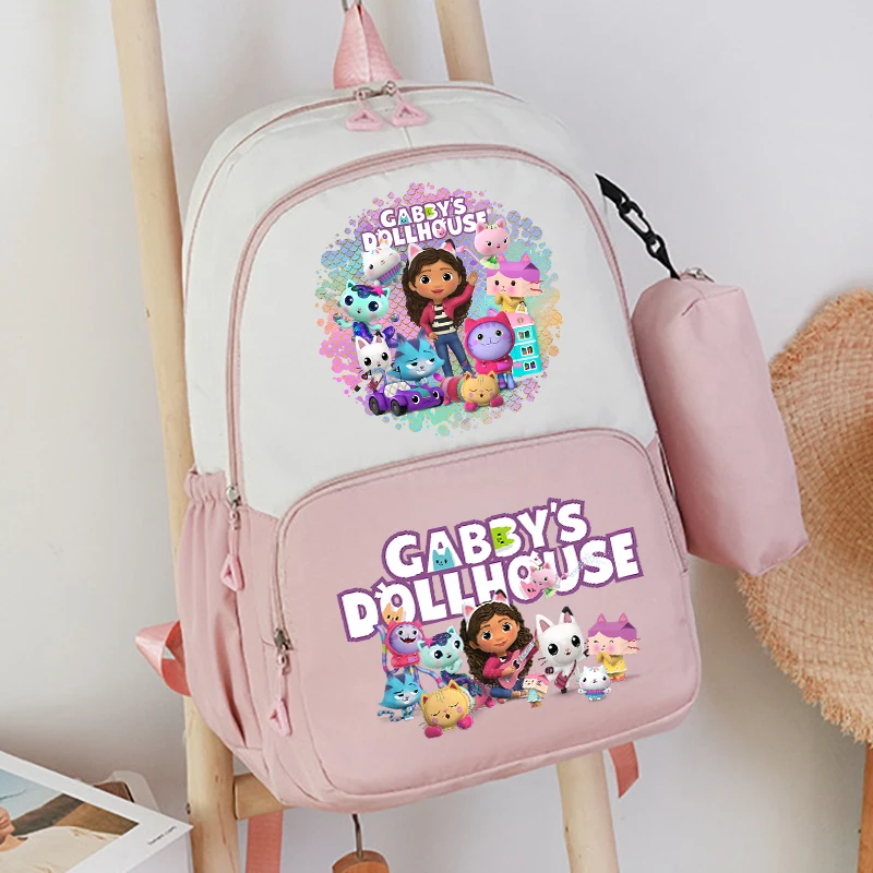 Gabby Dollhouses-mochila bonita para niñas, bolsa de lápices, papelería Kawaii, mochila escolar de gran capacidad, conjunto de estuche de bolígrafo, regalos para niños, 2 uds.