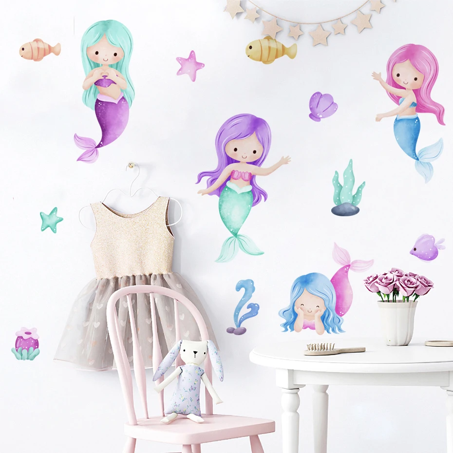 Pegatinas de pared acuarela con sirena y mar para habitación infantil - imagen 4