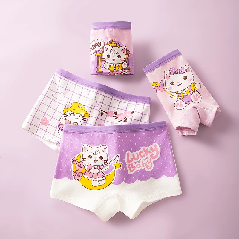 Calzoncillos Boxer de algodón para niñas de 4 piezas, ropa interior cómoda para niños, pantalones cortos para niñas, calzoncillos Boxer lavables con dibujos de gatos bonitos para niños - imagen 2