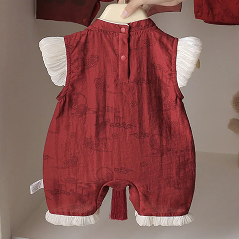 Pelele rojo sin mangas para recién nacida – Estampado veraniego - imagen 5
