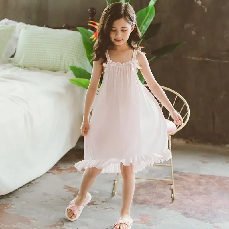 Camisón de manga corta de verano para niñas, camisón dulce y bonito de estilo Retro para niños, camisón decorativo con lazo, ropa de casa fina