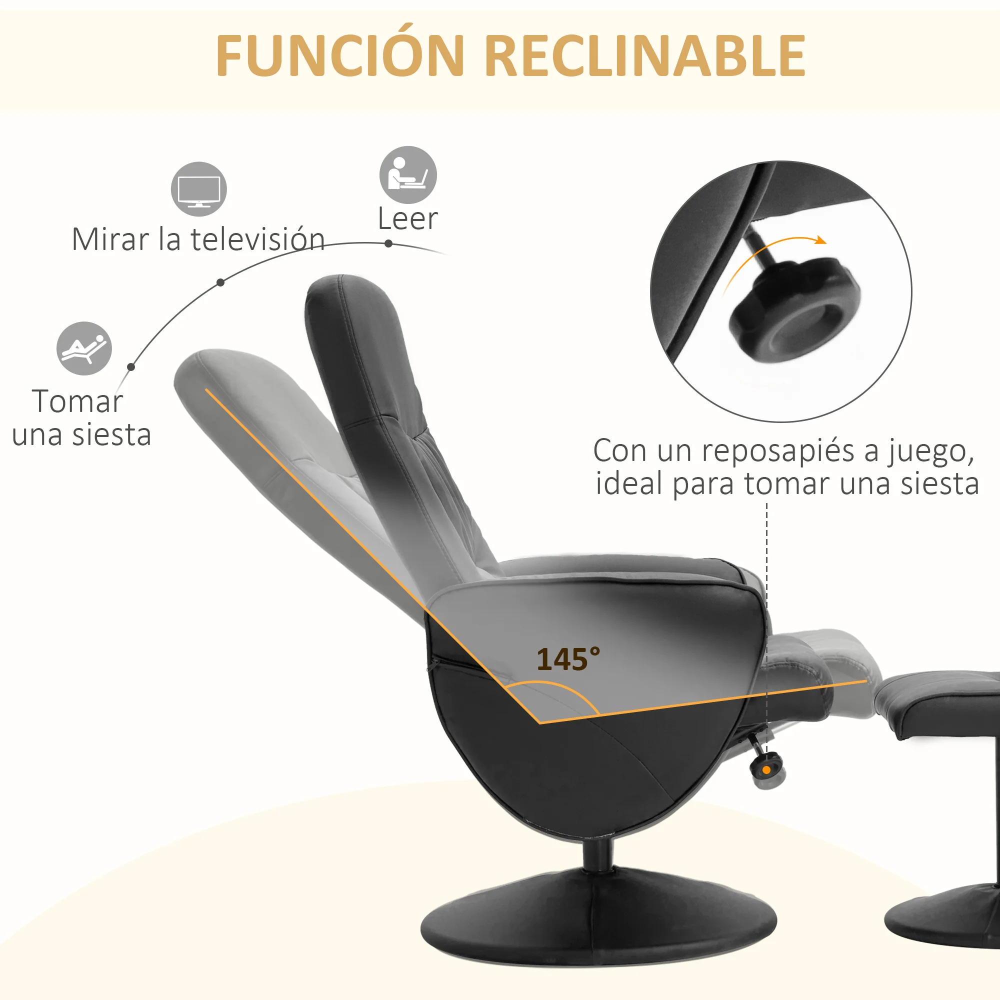 HOMCOM Sillón de Salón con Otomana Reposapiés Tapizado en PU Sillón Relax Reclinable hasta 145° y Giratorio 360° con Respaldo Ajustable para Salón Dormitorio Oficina 76x81x101 cm - imagen 4