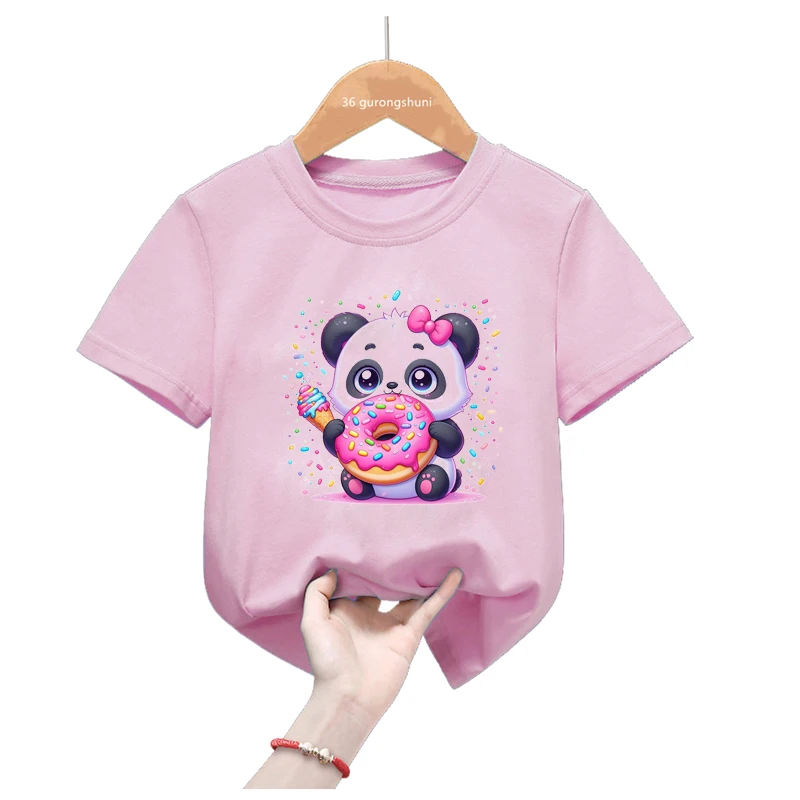 Camiseta rosa de Panda arcoíris para niñas, ropa Kawaii Harajuku para niños, Tops de moda de verano, camiseta divertida - imagen 3