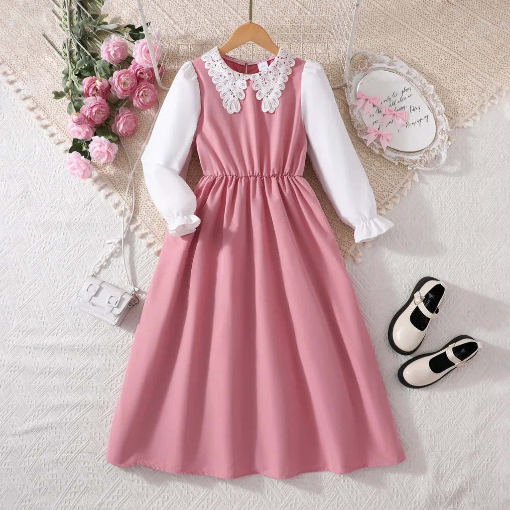 Vestido rosa para niñas, vestidos escolares de manga larga con cuello de encaje, vestidos de moda para fiesta de cumpleaños, vestido para niñas adolescentes 7 8 9 10 11 12 años - imagen 3