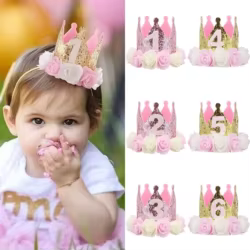 Sombrero de corona de cumpleaños para niñas de 1 a 5T, sombreros de fiesta para niños, vestido de princesa rosa, diadema, sombrero de cumpleaños con purpurina creativa