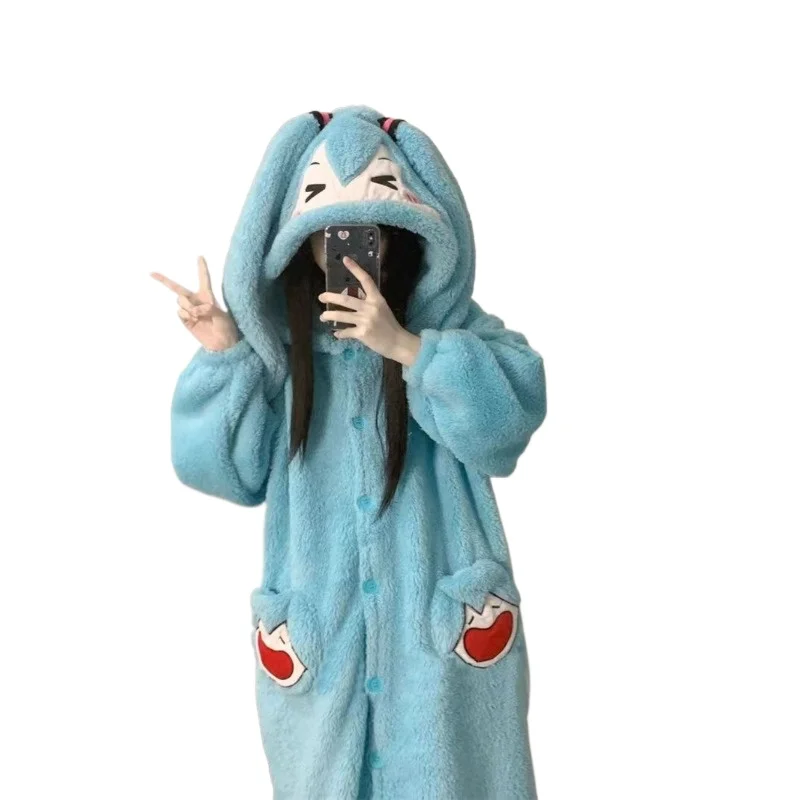 Pijamas de dibujos animados Hatsune Miku para mujer, camisón de terciopelo Coral grueso, conjuntos de pijamas casuales para el hogar, regalos de cumpleaños, Otoño, nuevo - imagen 3