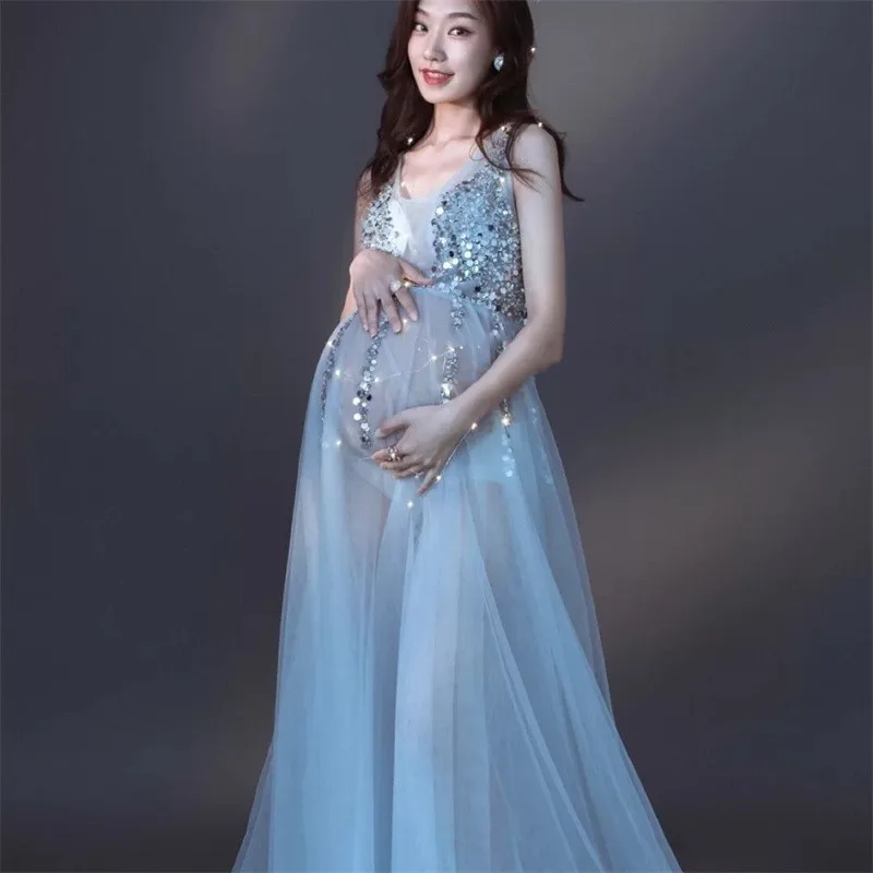 Vestido de maternidad de lentejuelas para sesión de fotos del embarazo, accesorios de fotografía, ropa Formal de fiesta de boda, vestido de maternidad de tul - imagen 4