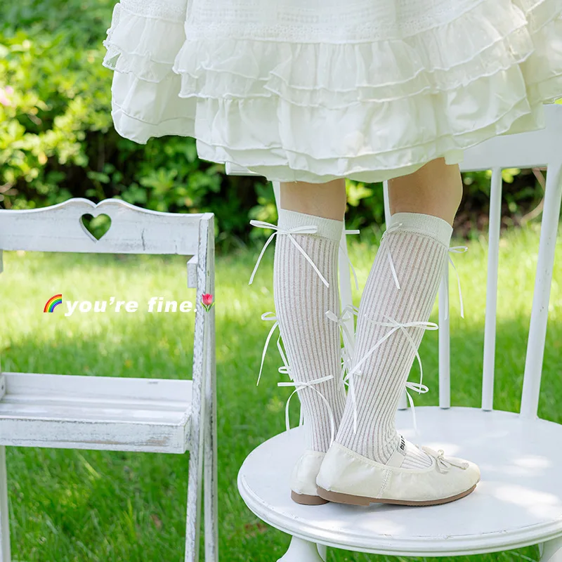 1 ‌   Par de calcetines hasta la rodilla con lazo de Ballet Lolita para niños y niñas, calcetines ligeros con lazo de princesa dulce, calcetines para niños pequeños de primavera y verano ‌ - imagen 3