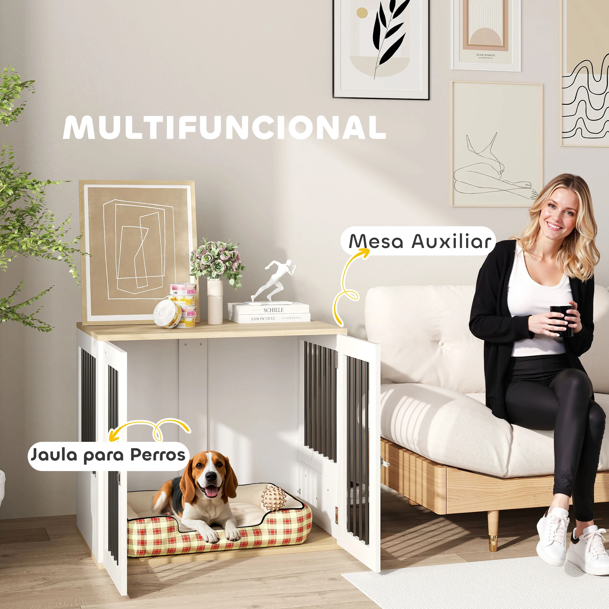 PawHut Jaula para Perros Medianos 2 en 1 Mesa Auxiliar con 2 Puertas con Pestillo Comedero Giratorio de 360° 2 Cuencos y Almohadillas Antideslizantes 80x55x71,5 cm Blanco - imagen 4
