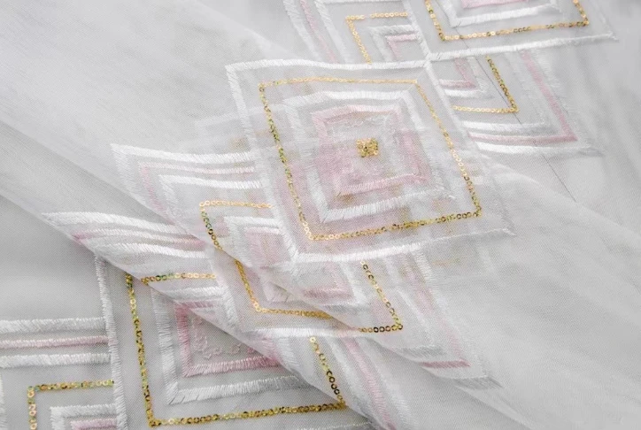 Nuevo estilo Costa Dorada francesa hermosa lentejuelas diamante enrejado bordado ventana pantalla cortinas sala de estar dormitorio - imagen 2