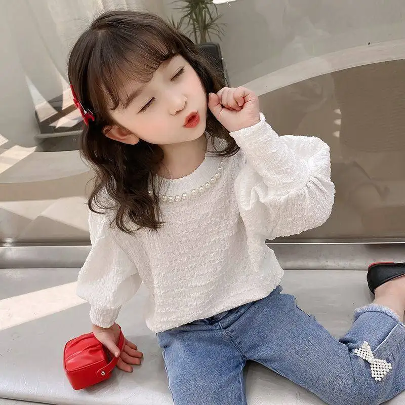 Blusa de princesa para niñas, camisas de manga larga para niños pequeños, ropa para bebés, Tops con cuentas infantiles, primavera y otoño