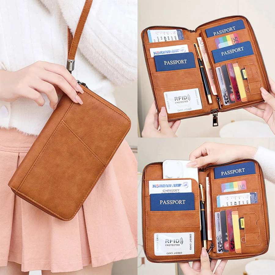 Nueva cartera con Clip para pasaporte de viaje para mujeres y hombres, tarjetero multifuncional de cuero PU RFID, billeteras antirrobo, bolsa de almacenamiento