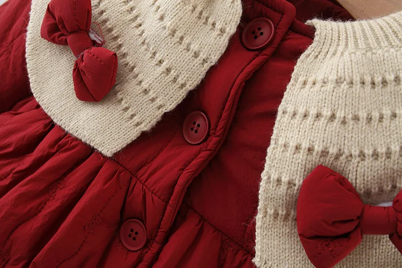 Parkas de invierno para niños de 1 a 4 años, ropa gruesa con forro, chaqueta de piel, forro cálido, Parkas rojas para niñas, traje decorativo con lazo - imagen 4
