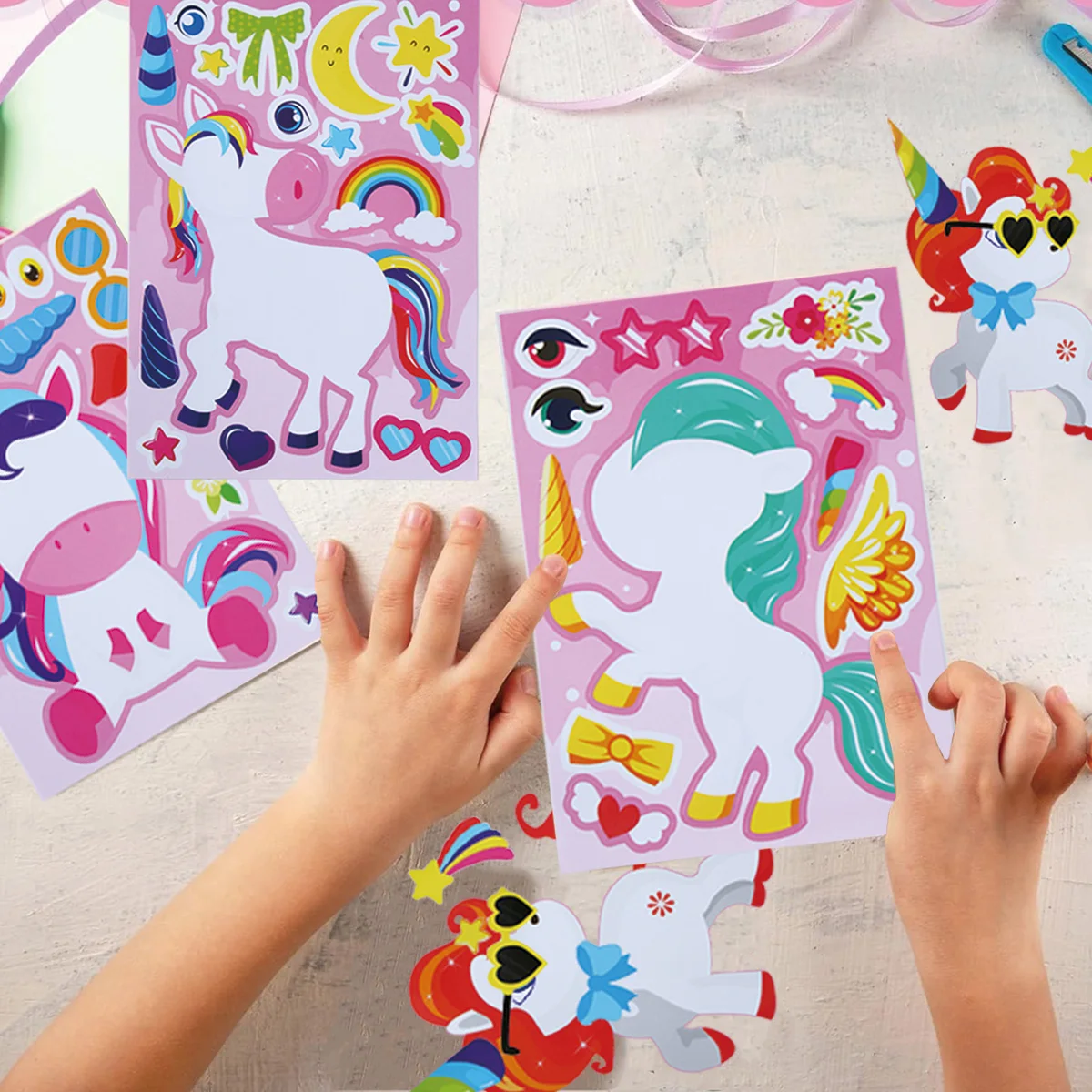 12 hojas de pegatinas de rompecabezas DIY de caballo arcoíris para niños, juegos de unicornio, fiesta de cumpleaños, hacer una cara, divertidas pegatinas de rompecabezas para montar, regalos