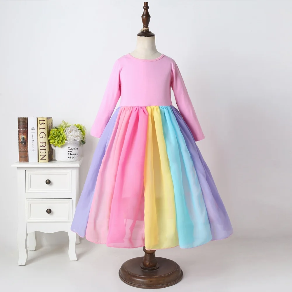 Nueva moda Otoño Invierno Arco Iris manga larga algodón bloque de Color lindo bebé niña vestidos de fiesta de algodón para niños vestido de princesa para niñas - imagen 3