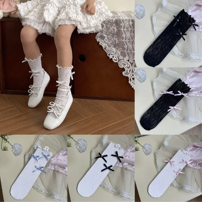 1 par de calcetines de pantorrilla florales de Jacquard de verano para niños y niñas, calcetines coreanos de moda con lazo para niños, calcetines dulces elásticos de nailon suave, ropa