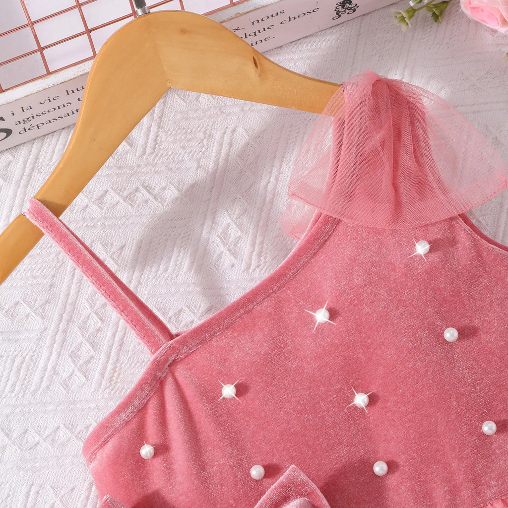 Vestido de fiesta rosa para niña con lazo de perlas - imagen 5
