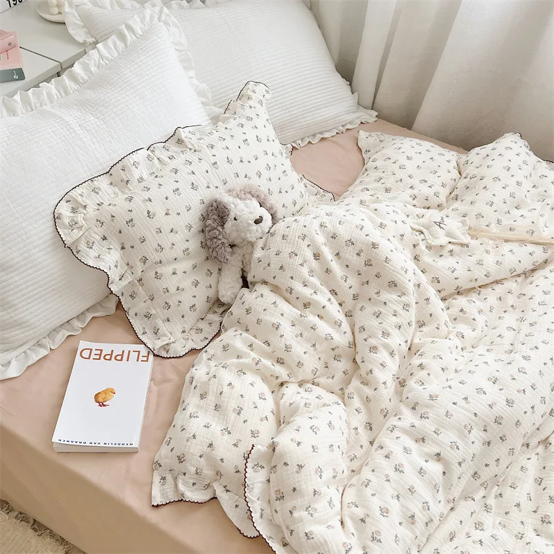 Juego de cama de muselina de algodón para niña coreana, funda nórdica con estampado Floral de cereza y conejito, Kit de cama para cuna - imagen 2