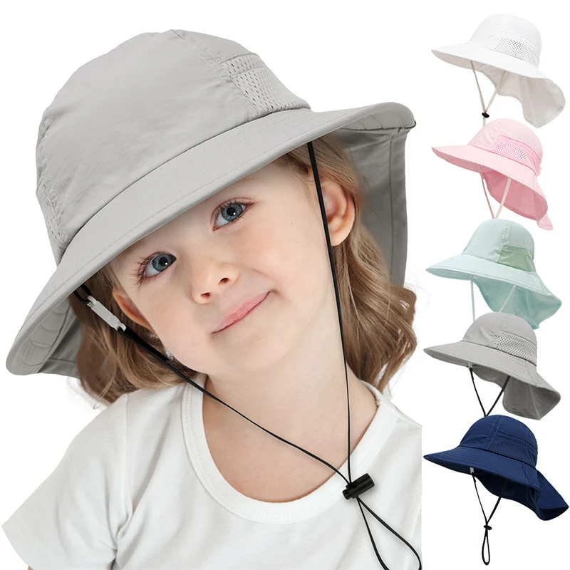Gorro de verano para bebé, protección del cuello, sombrero para el sol, sombreros de cubo sólidos para niños y niñas, accesorios ajustables de viaje para la playa para niños de 6M-6Y