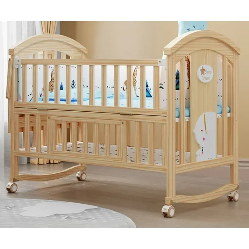 Cuna de madera multifuncional, cama de bebé de madera maciza, 0 pintura, cuna ecológica, cama grande móvil para recién nacidos y niños