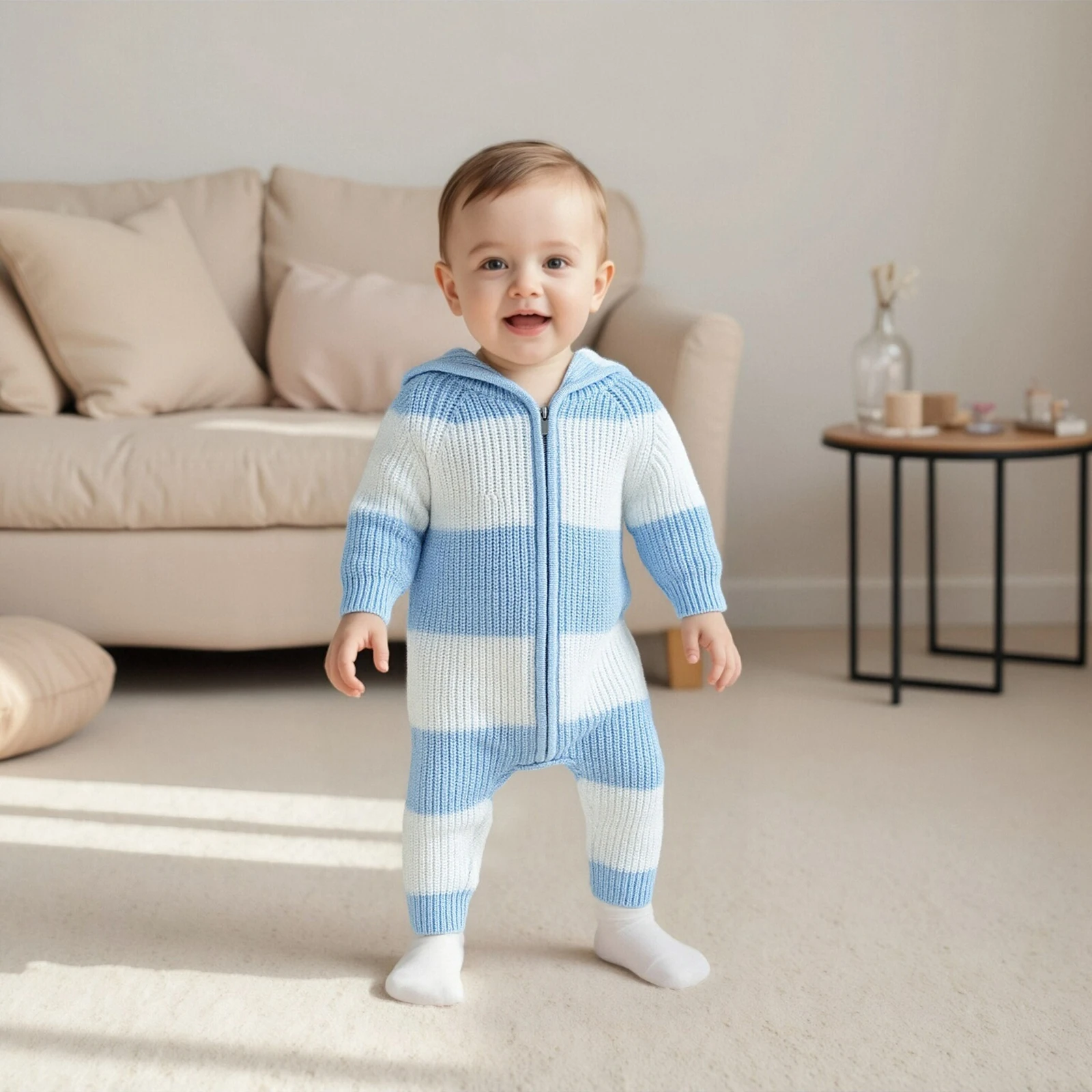 Mono de bebé, manga larga con capucha y cierre de cremallera, mameluco de punto, suéter a rayas para niñas y niños - imagen 4