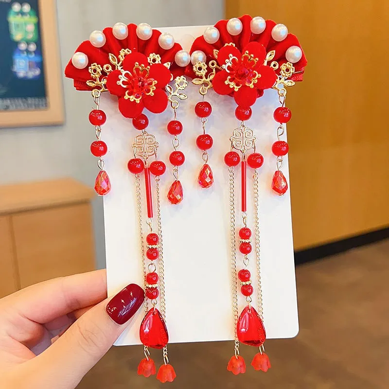 ¡Pinzas para el cabello Hanfu de Año Nuevo Chino para niñas! Diseño festivo de borla roja, elemento auspicioso, exquisito antideslizante, perfecto para Año Nuevo