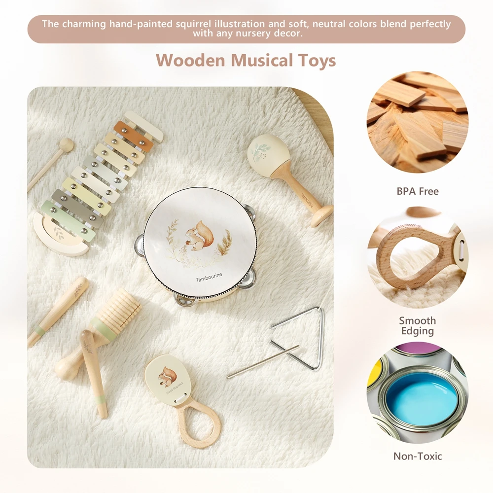 Instrumentos musicales Montessori para niños, juguetes de madera para bebés, instrumentos musicales para niños, juguetes para niños pequeños, juegos de instrumentos de ardilla, regalo - imagen 5