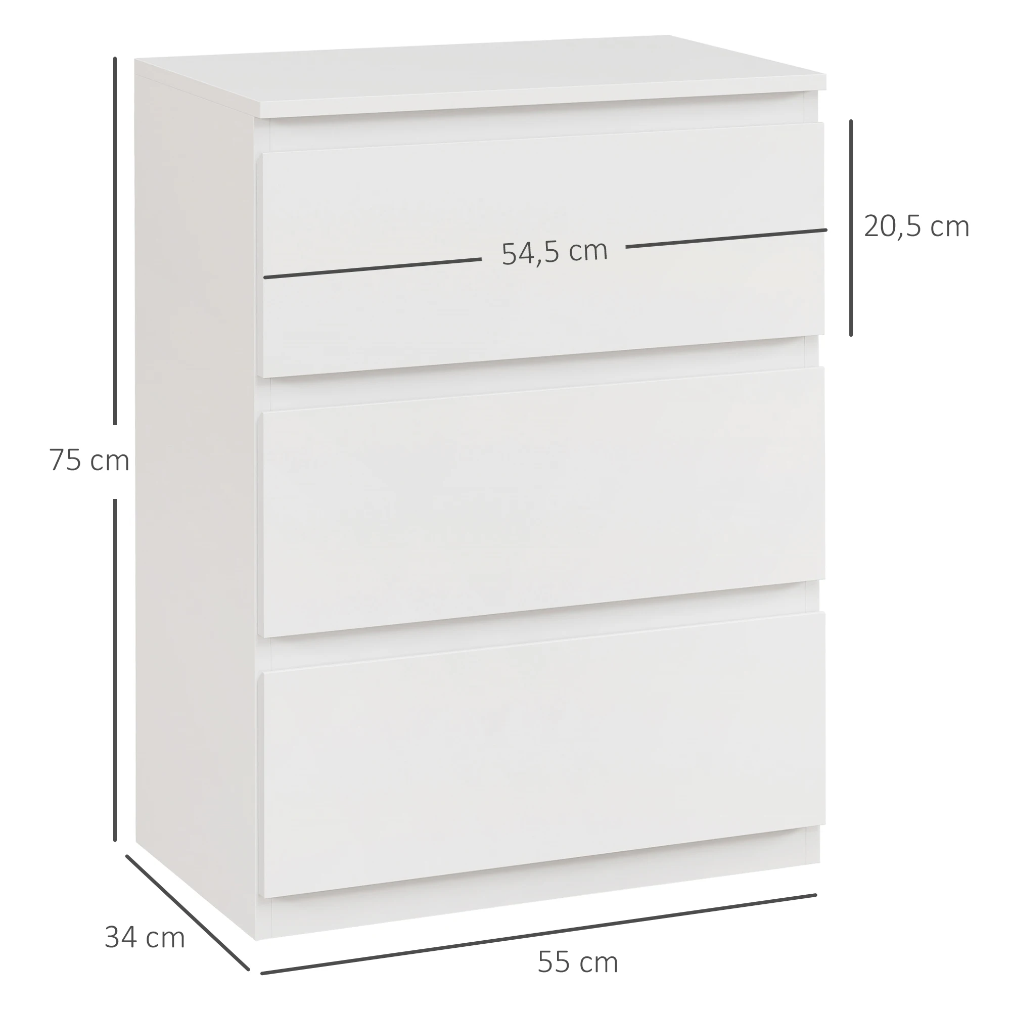 HOMCOM Cómoda con 3 Cajones Cómoda de Dormitorio Moderno con Diseño Anti-vuelco Cajonera para Salón Pasillo Blanco Brillo - imagen 3