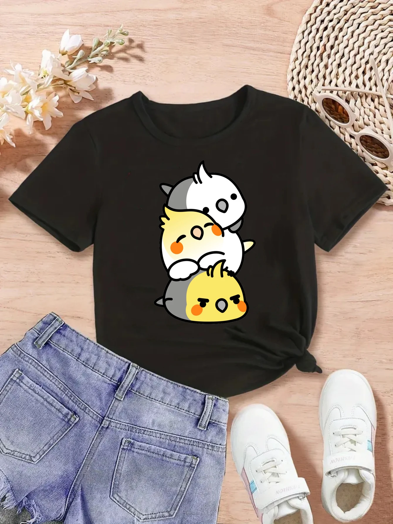 Camiseta con estampado de Cockatiel Loves Reading Flowers, ropa divertida para niñas, camiseta de pájaro Kawaii, camisa de manga corta de verano - imagen 5