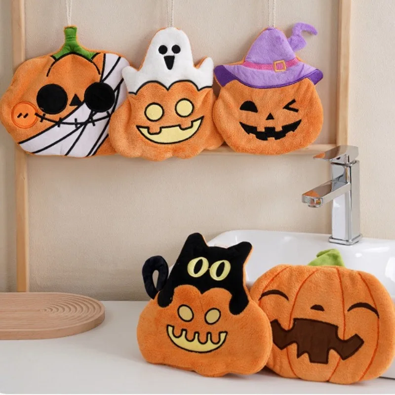 Toallas de Mano para Niños con Diseño de Calabaza de Halloween, de Terciopelo Coral, Toallas Colgantes para Cocina, Baño, Productos para el Baño y la Ducha - imagen 4