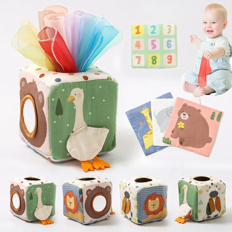Juguetes Montessori para bebés, caja de pañuelos mágicos, juguetes sensoriales de actividades de aprendizaje educativo para niños, juego de mesa ocupado para ejercicio con los dedos