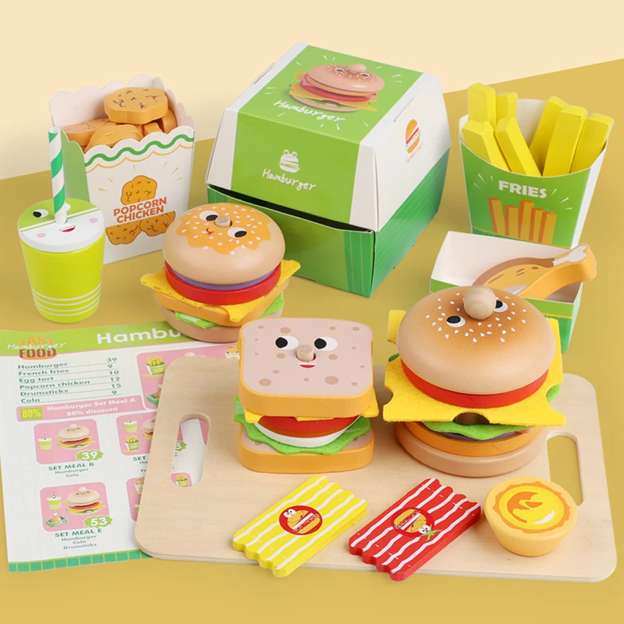 Juego de cocina para niños, hamburguesa, patatas fritas, comida, juegos de casa, hamburguesa, sándwich, cocina apilable, juguete para juego de imitación, regalo de Navidad - imagen 2