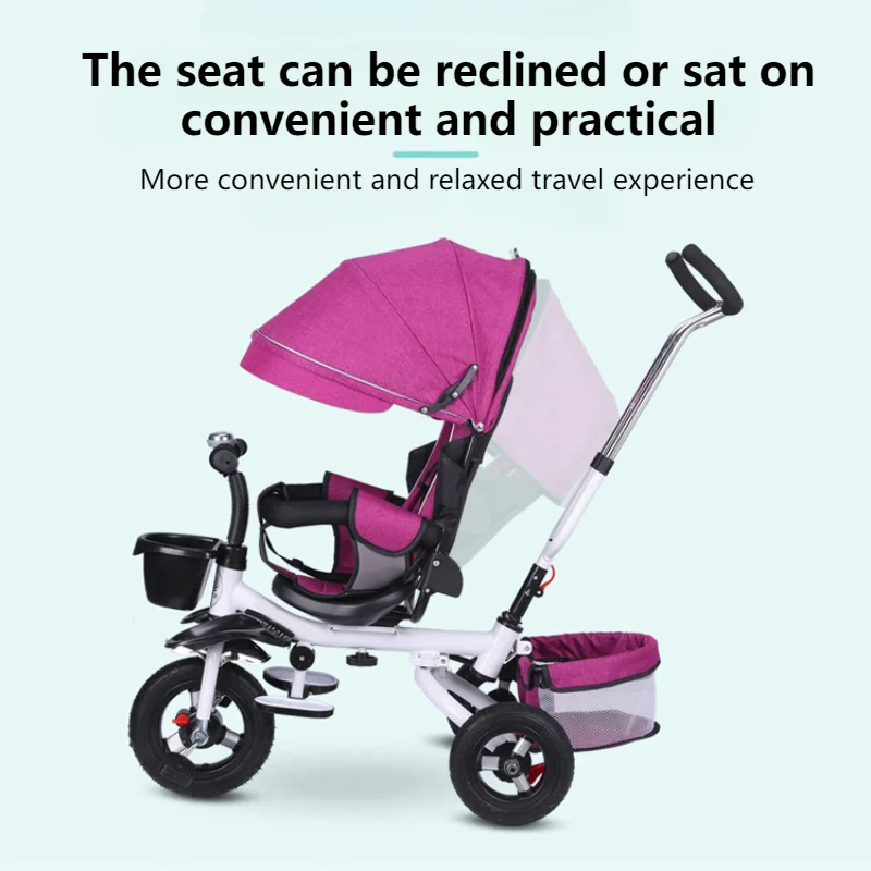 Triciclo plegable 4 en 1 para niños, cochecito para sentarse y tumbarse con dosel grande, triciclo con freno doble, respaldo ajustable de 3 velocidades, portátil - imagen 5