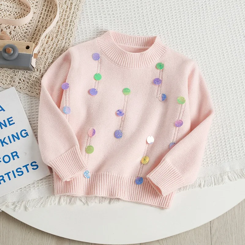 ¡Nuevo suéter suelto de estilo perezoso para niñas esta primavera y otoño! Top de punto de moda y fácil de usar, color liso y adornado con lentejuelas. - imagen 2
